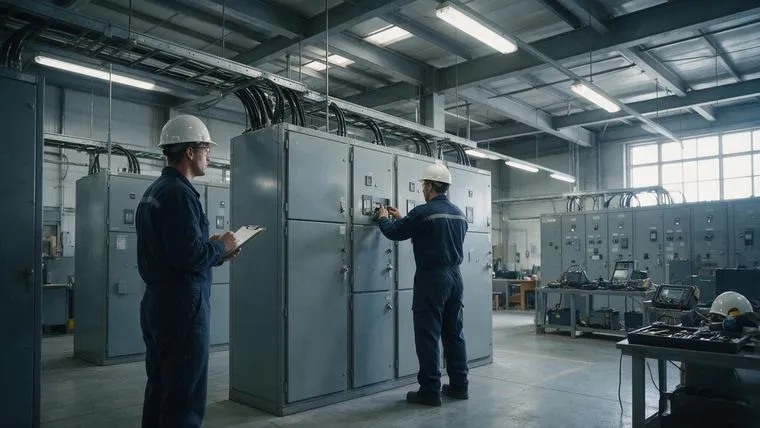 Avaliador observando técnico em prova prática dentro de sala de painéis