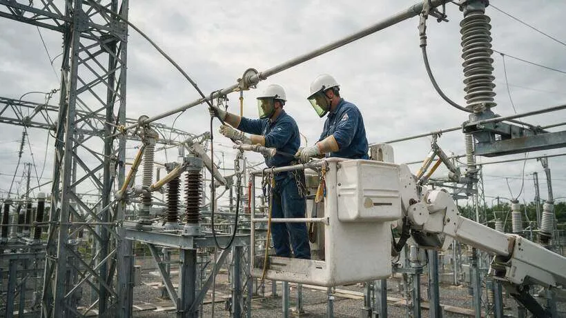 Eletricistas em manutenção energizada dentro de pátio de subestação