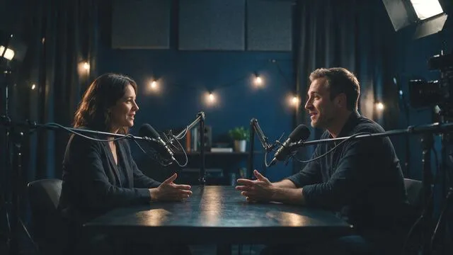 Gravação de episódio em estúdio, dois participantes em conversa diante de microfones