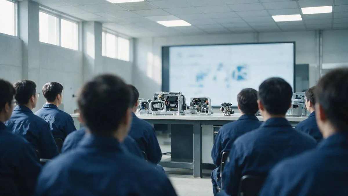 Turma corporativa em sala de treinamento técnica