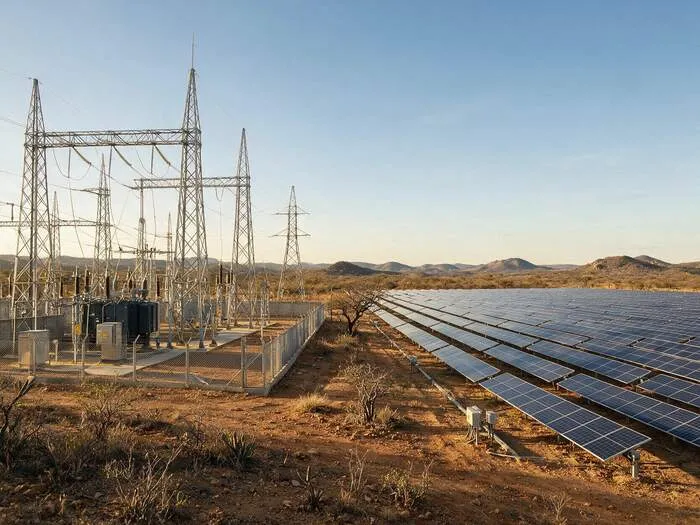 Subestação de alta tensão ao lado de usina solar fotovoltaica no semiárido