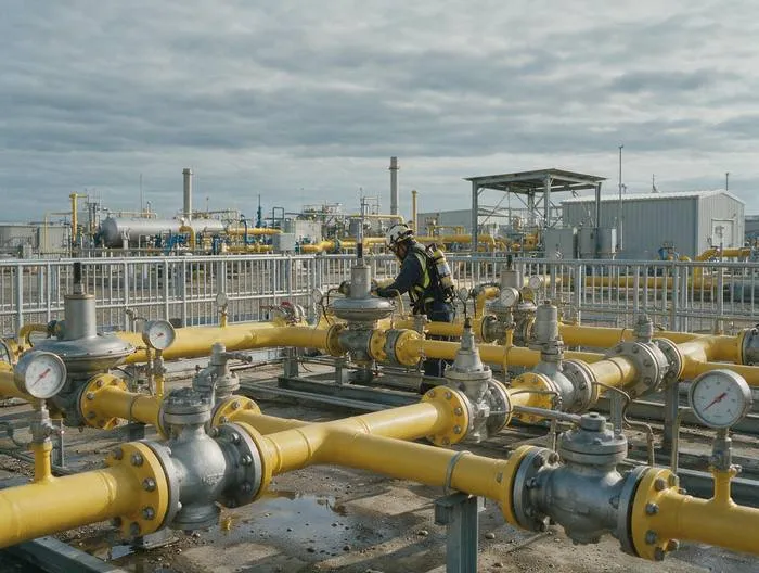 Estação de regulagem de gás natural com técnico em inspeção