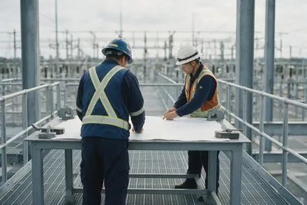 Engenheiros analisando desenho técnico em passarela de subestação