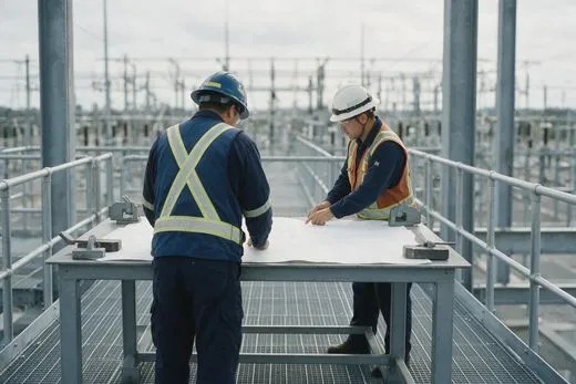 Engenheiros analisando desenho técnico em passarela de subestação